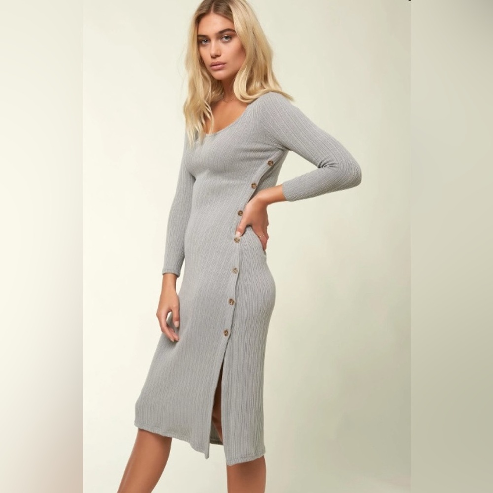 ODDY Women’s long sleeve ribbed tan gray dress, size large, buttons down side